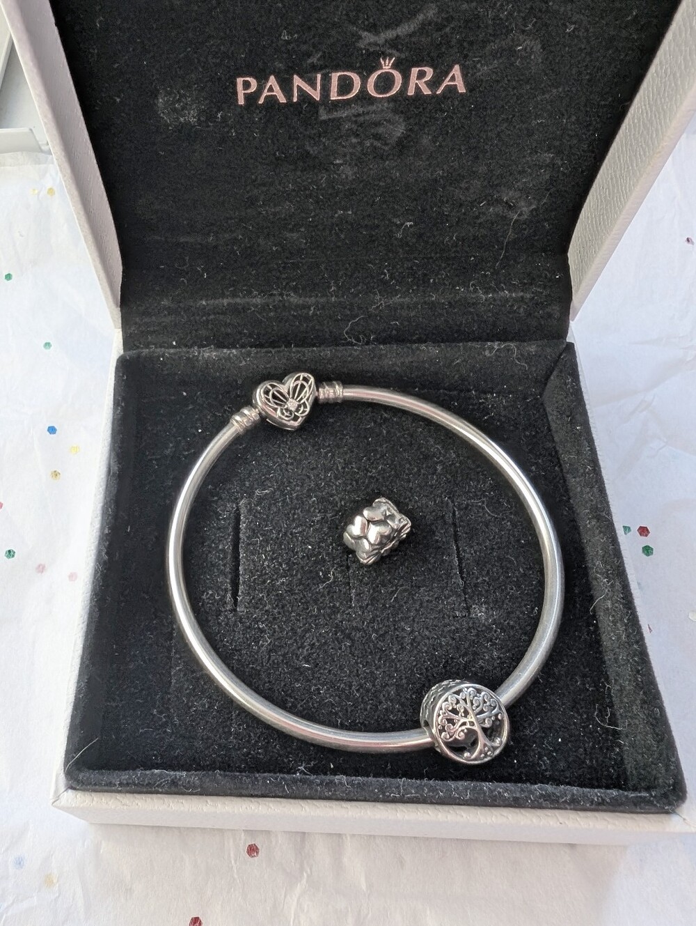 Pandora Silver Heart Clasp Bangle with Tree of Life Charm & Heart Clip Charm